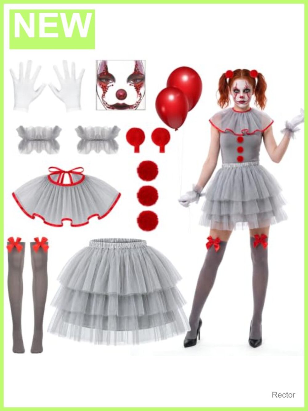 Women's Scary Clown Costume Accessory Set Tutu Choker Cuffs Gloves